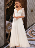 Ayanna A-Line V-neck Floor-Length Chiffon Lace Wedding Dress With Ruffle Lace Sequins UKP0017009