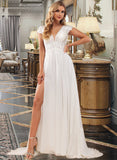 Cadence A-Line V-neck Sweep Train Chiffon Lace Wedding Dress With Lace Split Front UKP0017010