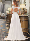 Cadence A-Line V-neck Sweep Train Chiffon Lace Wedding Dress With Lace Split Front UKP0017010