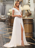 Cadence A-Line V-neck Sweep Train Chiffon Lace Wedding Dress With Lace Split Front UKP0017010