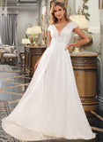 Cadence A-Line V-neck Sweep Train Chiffon Lace Wedding Dress With Lace Split Front UKP0017010