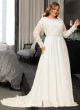 Amari A-Line Court Train Chiffon Lace Wedding Dress With Beading UKP0017012