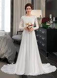 Amari A-Line Court Train Chiffon Lace Wedding Dress With Beading UKP0017012