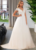 Kinley Ball-Gown/Princess V-neck Court Train Tulle Lace Wedding Dress With Lace Sequins UKP0017014