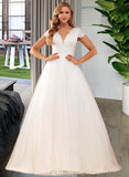 Kinley Ball-Gown/Princess V-neck Court Train Tulle Lace Wedding Dress With Lace Sequins UKP0017014