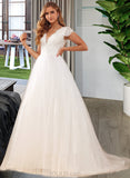 Kinley Ball-Gown/Princess V-neck Court Train Tulle Lace Wedding Dress With Lace Sequins UKP0017014