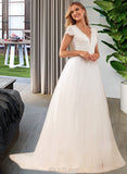 Kinley Ball-Gown/Princess V-neck Court Train Tulle Lace Wedding Dress With Lace Sequins UKP0017014