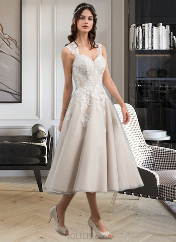 Leia Ball-Gown/Princess Sweetheart Tea-Length Tulle Lace Wedding Dress With Sequins UKP0017016