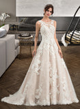 Sophronia Ball-Gown/Princess Illusion Court Train Tulle Lace Wedding Dress With Beading Sequins UKP0017017