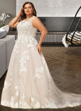 Sophronia Ball-Gown/Princess Illusion Court Train Tulle Lace Wedding Dress With Beading Sequins UKP0017017