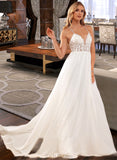 Moira A-Line V-neck Sweep Train Chiffon Lace Wedding Dress With Lace Beading Sequins UKP0017019