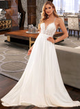 Moira A-Line V-neck Sweep Train Chiffon Lace Wedding Dress With Lace Beading Sequins UKP0017019