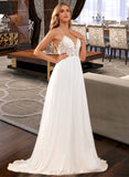 Moira A-Line V-neck Sweep Train Chiffon Lace Wedding Dress With Lace Beading Sequins UKP0017019