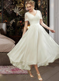 Brianna A-Line V-neck Asymmetrical Chiffon Wedding Dress With Lace UKP0017020