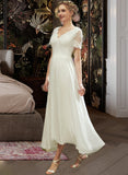 Brianna A-Line V-neck Asymmetrical Chiffon Wedding Dress With Lace UKP0017020