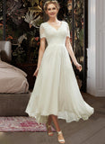 Brianna A-Line V-neck Asymmetrical Chiffon Wedding Dress With Lace UKP0017020