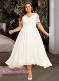 Brianna A-Line V-neck Asymmetrical Chiffon Wedding Dress With Lace UKP0017020