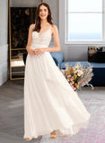 Jaylin A-Line V-neck Floor-Length Chiffon Lace Wedding Dress With Sequins UKP0017021