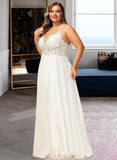 Jaylin A-Line V-neck Floor-Length Chiffon Lace Wedding Dress With Sequins UKP0017021