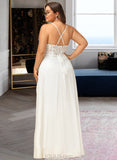 Jaylin A-Line V-neck Floor-Length Chiffon Lace Wedding Dress With Sequins UKP0017021