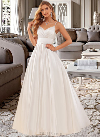 Aliyah Ball-Gown/Princess V-neck Floor-Length Satin Wedding Dress With Pockets UKP0017022