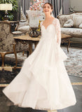 Jaylene Ball-Gown/Princess V-neck Floor-Length Tulle Lace Wedding Dress With Beading Sequins UKP0017023