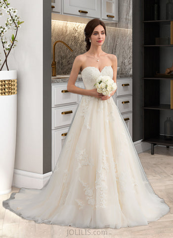 Josephine Ball-Gown/Princess Sweetheart Court Train Tulle Lace Wedding Dress With Ruffle Beading UKP0017024