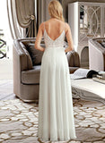 Amber A-Line V-neck Floor-Length Chiffon Lace Wedding Dress With Split Front UKP0017026