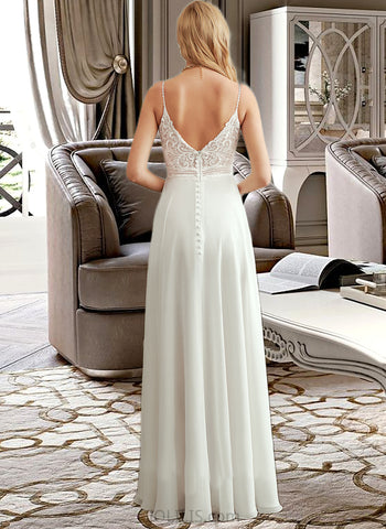 Amber A-Line V-neck Floor-Length Chiffon Lace Wedding Dress With Split Front UKP0017026