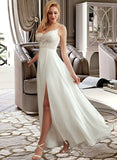 Amber A-Line V-neck Floor-Length Chiffon Lace Wedding Dress With Split Front UKP0017026