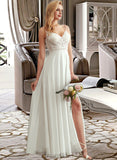 Amber A-Line V-neck Floor-Length Chiffon Lace Wedding Dress With Split Front UKP0017026