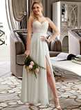 Amber A-Line V-neck Floor-Length Chiffon Lace Wedding Dress With Split Front UKP0017026