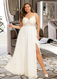 Amber A-Line V-neck Floor-Length Chiffon Lace Wedding Dress With Split Front UKP0017026