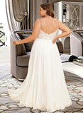 Amber A-Line V-neck Floor-Length Chiffon Lace Wedding Dress With Split Front UKP0017026