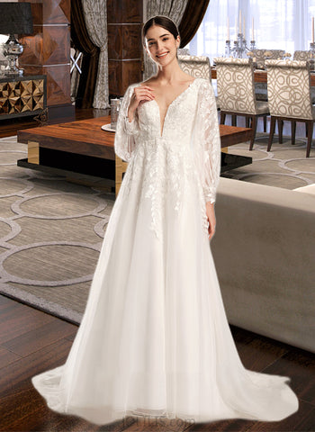 Ashlee Ball-Gown/Princess V-neck Chapel Train Satin Tulle Lace Wedding Dress With Sequins UKP0017029