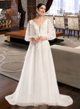 Ashlee Ball-Gown/Princess V-neck Chapel Train Satin Tulle Lace Wedding Dress With Sequins UKP0017029