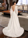 Ashlee Ball-Gown/Princess V-neck Chapel Train Satin Tulle Lace Wedding Dress With Sequins UKP0017029