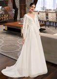 Ashlee Ball-Gown/Princess V-neck Chapel Train Satin Tulle Lace Wedding Dress With Sequins UKP0017029