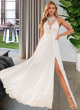 Lyla A-Line High Neck Floor-Length Chiffon Lace Wedding Dress With Lace Beading Sequins Split Front UKP0017030