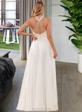 Lyla A-Line High Neck Floor-Length Chiffon Lace Wedding Dress With Lace Beading Sequins Split Front UKP0017030