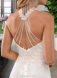 Lyla A-Line High Neck Floor-Length Chiffon Lace Wedding Dress With Lace Beading Sequins Split Front UKP0017030