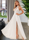 Lyla A-Line High Neck Floor-Length Chiffon Lace Wedding Dress With Lace Beading Sequins Split Front UKP0017030