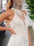 Lyla A-Line High Neck Floor-Length Chiffon Lace Wedding Dress With Lace Beading Sequins Split Front UKP0017030