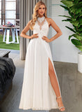 Lyla A-Line High Neck Floor-Length Chiffon Lace Wedding Dress With Lace Beading Sequins Split Front UKP0017030