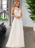 Lyla A-Line High Neck Floor-Length Chiffon Lace Wedding Dress With Lace Beading Sequins Split Front UKP0017030