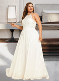 Belen A-Line High Neck Floor-Length Chiffon Lace Wedding Dress UKP0017031