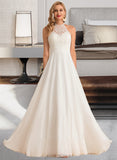 Belen A-Line High Neck Floor-Length Chiffon Lace Wedding Dress UKP0017031