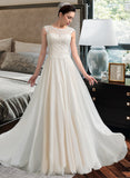 Juliana A-Line Scoop Neck Floor-Length Chiffon Lace Wedding Dress With Beading Sequins UKP0017032