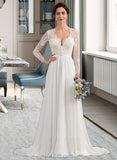 Addisyn A-Line V-neck Sweep Train Chiffon Lace Wedding Dress With Beading Sequins UKP0017035