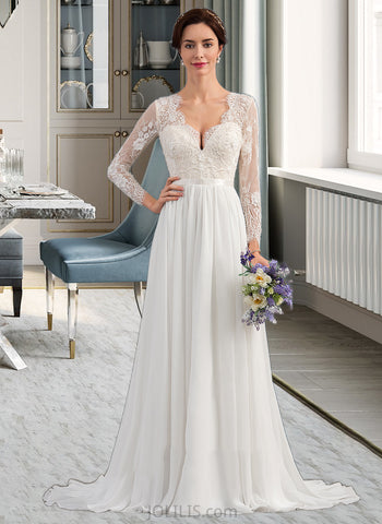 Addisyn A-Line V-neck Sweep Train Chiffon Lace Wedding Dress With Beading Sequins UKP0017035